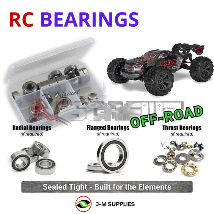 Representative image of an RCScrewZ rubber-sealed bearing kit for ARRMA Kraton 6S EXB 1/8 4WD Monster Truck (ARA8708V6); exact bearing sizes and quantities vary by RC model.