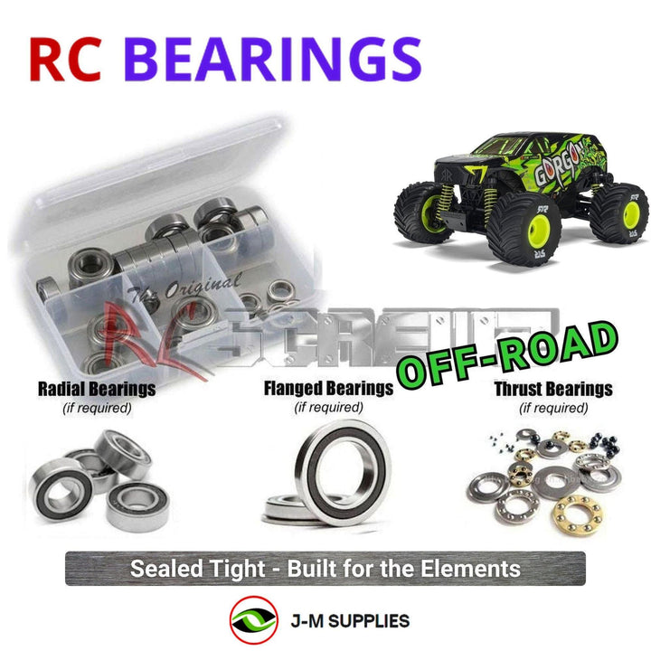 Representative image of an RCScrewZ rubber-sealed bearing kit for ARRMA Gorgon Grom MEGA 380 1/16 4WD Monster Truck (ARA2130); exact bearing sizes and quantities vary by RC model.