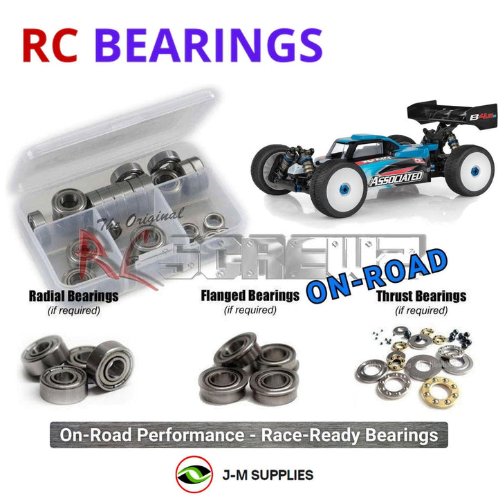 Representative image of an RCScrewZ metal-shielded bearing kit for Associated RC8B4.2e Team 1/8 Electric 4WD Buggy (80955); exact bearing sizes and quantities vary by RC model.