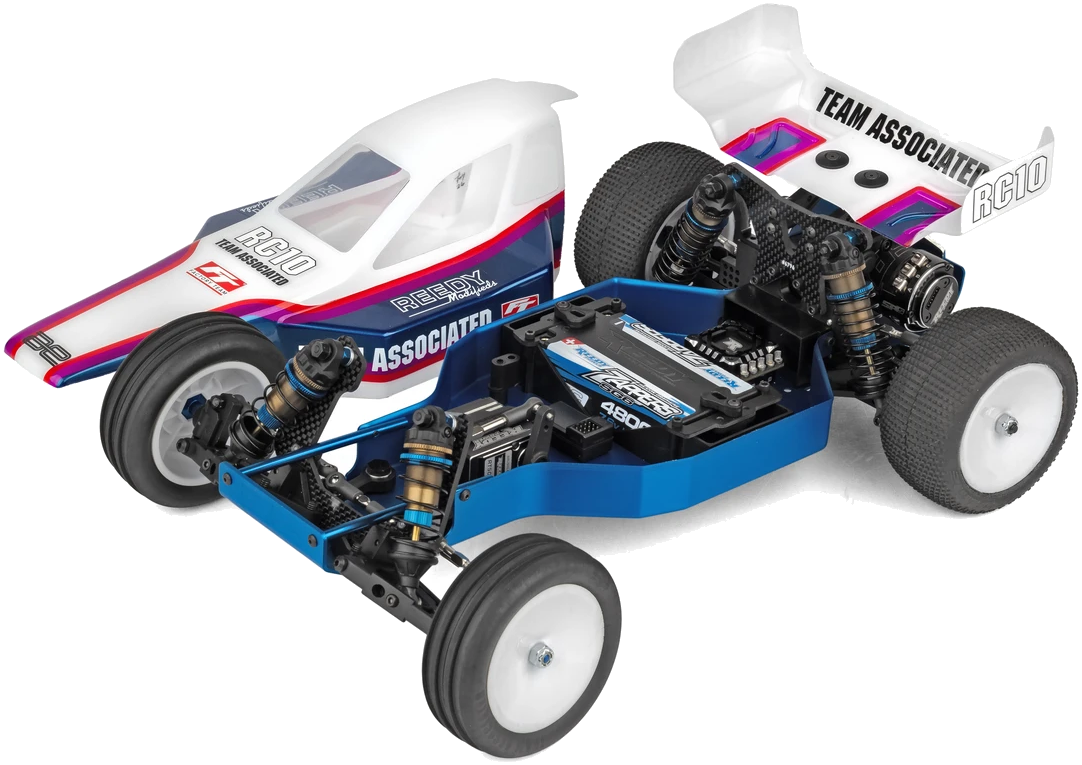 Team Associated RC10 Factory Team Blue Edition 1/10 Electric 2WD Buggy (6058), shown with body beside chassis; compatible vehicle not included