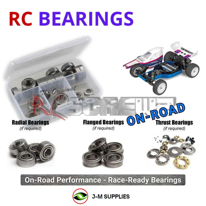Representative image of an RCScrewZ metal-shielded bearing kit for Team Associated RC10 FT Blue 1/10 2WD Buggy (6058); exact bearing sizes and quantities vary by RC model.