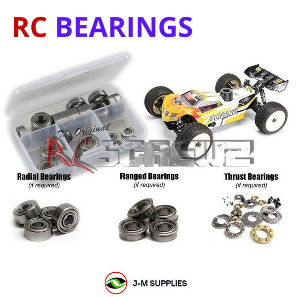 Representative image of an RCScrewZ metal-shielded bearing kit for Agama Racing A8T/Evo 1/8 Nitro 4WD Truggy; exact bearing sizes and quantities vary by RC model.