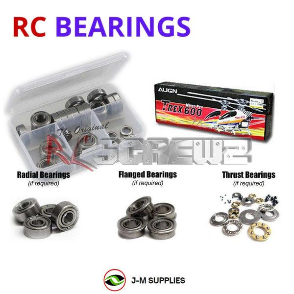 Representative image of an RCScrewZ metal-shielded bearing kit for Align T-REX 600N 600-Class Nitro Helicopter (KX0160NPTL); exact bearing sizes and quantities vary by RC model.