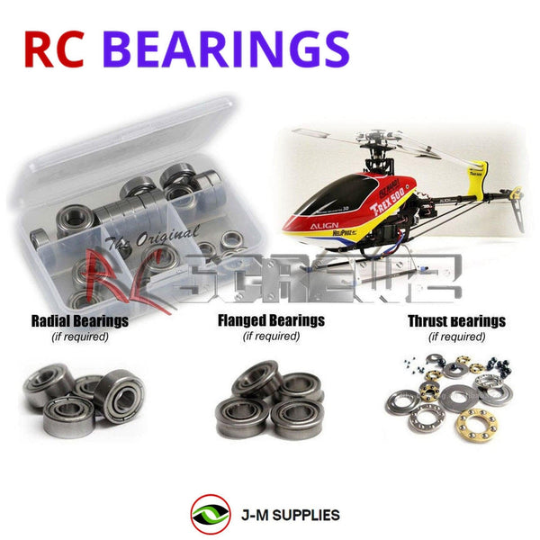 Representative image of an RCScrewZ metal-shielded bearing kit for Align T-REX 500X 500-Class Electric Helicopter (RH50E18XT); exact bearing sizes and quantities vary by RC model.