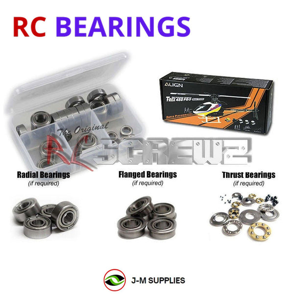Representative image of an RCScrewZ metal-shielded bearing kit for Align T-REX 450 Pro 450-Class Electric Helicopter (KX015074); exact bearing sizes and quantities vary by RC model.