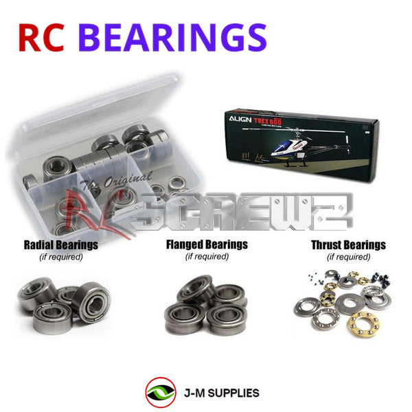 Representative image of an RCScrewZ metal-shielded bearing kit for Align T-REX 600N DFC 600-Class Nitro Helicopter (RH60N01XT); exact bearing sizes and quantities vary by RC model.