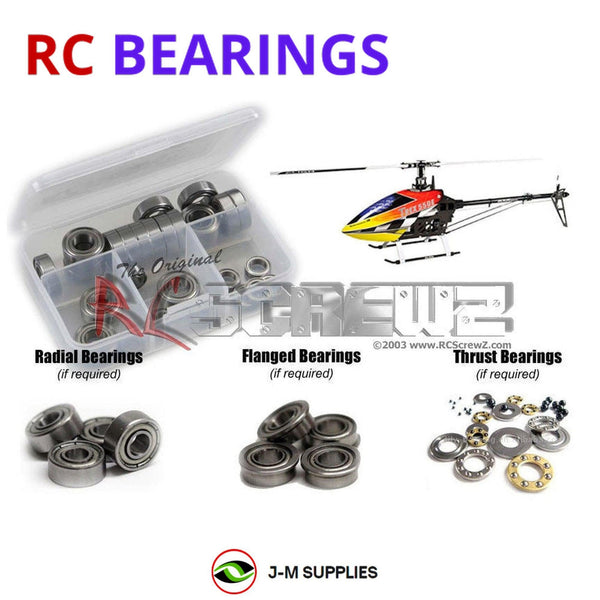 Representative image of an RCScrewZ metal-shielded bearing kit for Align T-REX 550E Pro/V2 (RH55E06XT); exact bearing sizes and quantities vary by RC model.
