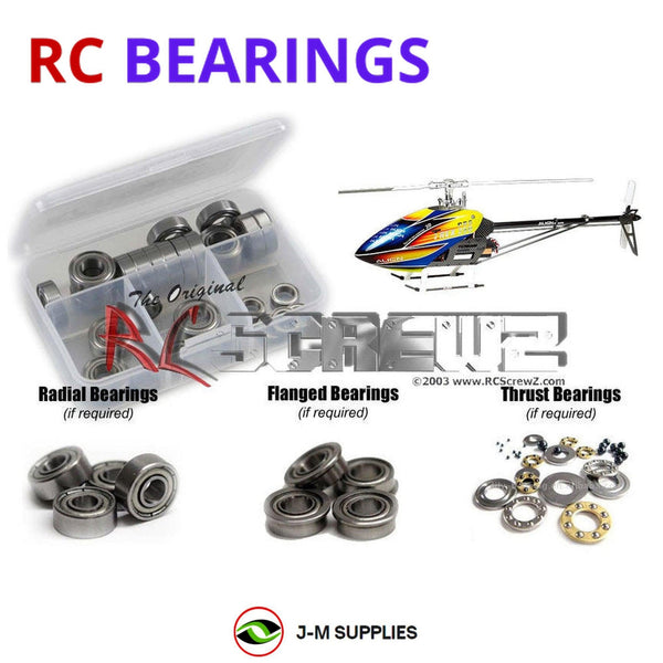 Representative image of an RCScrewZ metal-shielded bearing kit for Align T-REX 250/Pro DFC (KX019011T); exact bearing sizes and quantities vary by RC model.