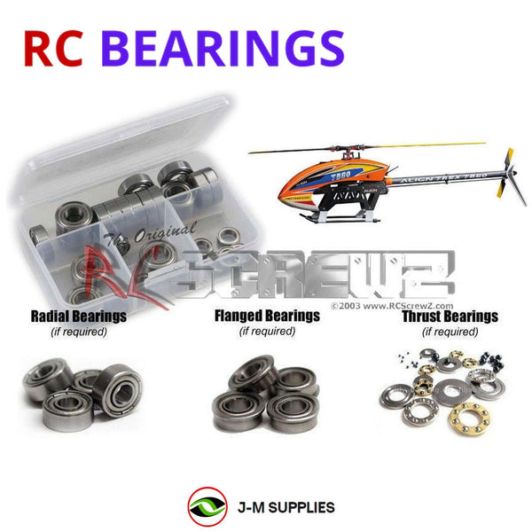 Representative image of an RCScrewZ metal-shielded bearing kit for Align TB60 (RH60E31XT); exact bearing sizes and quantities vary by RC model.