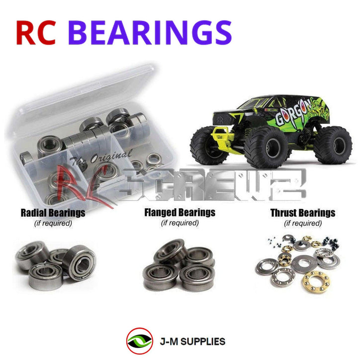 Representative image of an RCScrewZ metal-shielded bearing kit for ARRMA GORGON MEGA 550 1/10 2WD MT (ARA3230); exact bearing sizes and quantities vary by RC model.