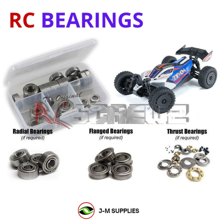 Representative image of an RCScrewZ metal-shielded bearing kit for ARRMA TYPHON GROM 1/14 4WD Buggy (ARA2106); exact bearing sizes and quantities vary by RC model.