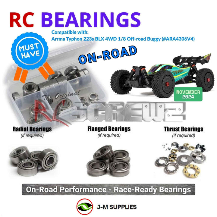Representative image of an RCScrewZ metal-shielded bearing kit for ARRMA TYPHON 223S BLX 1/8 4WD Buggy (ARA4306V4); exact bearing sizes and quantities vary by RC model.