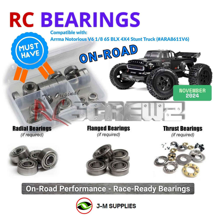 Representative image of an RCScrewZ metal-shielded bearing kit for ARRMA NOTORIOUS 6S BLX V6 1/8 4WD Stunt Truck (ARA8611V6); exact bearing sizes and quantities vary by RC model.