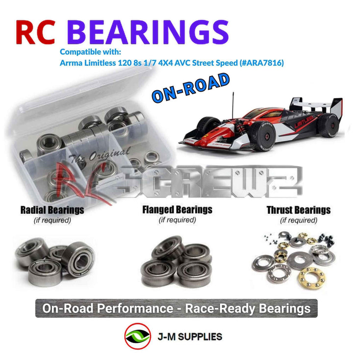 Representative image of an RCScrewZ metal-shielded bearing kit for ARRMA LIMITLESS 120 8S BLX 1/7 4WD Street Speed (ARA7816); exact bearing sizes and quantities vary by RC model.