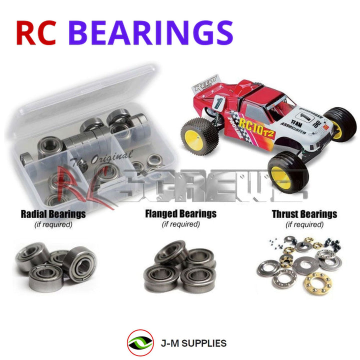 Representative image of an RCScrewZ metal-shielded bearing kit for Team Associated RC10T2 1/10 2WD Stadium Truck (7012, 7035, 7036); exact bearing sizes and quantities vary by RC model.