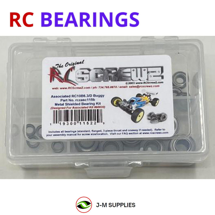 Representative image of an RCScrewZ metal-shielded bearing kit for Team Associated RC10B6.3/B6.3D 1/10 Buggy (90030, 90029); exact bearing sizes and quantities vary by RC model.