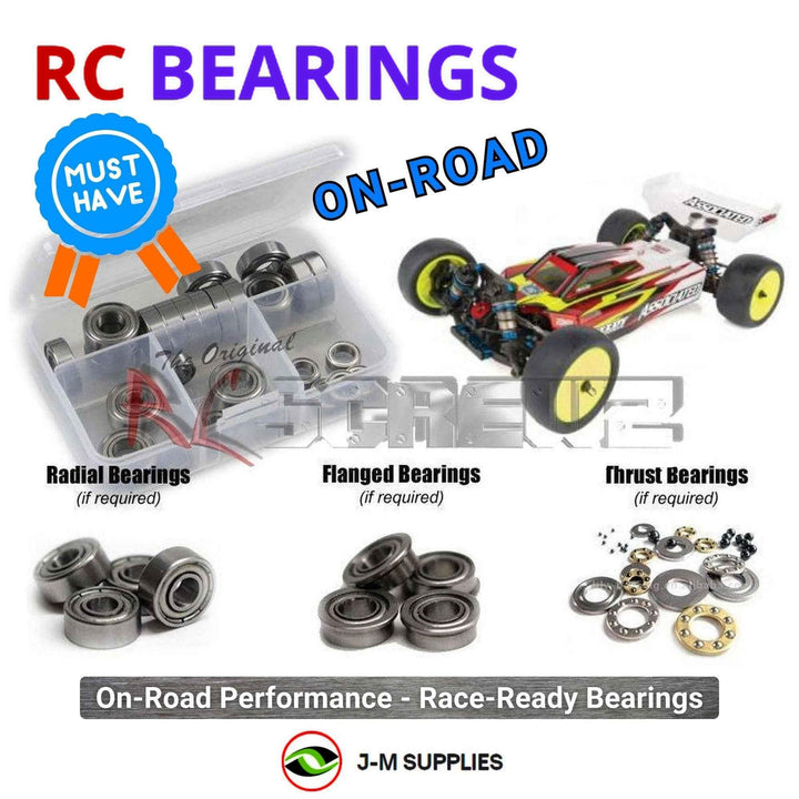 Representative image of an RCScrewZ metal-shielded bearing kit for Team Associated RC10B74.2D 1/10 4WD Buggy (90037, ASC90037); exact bearing sizes and quantities vary by RC model.