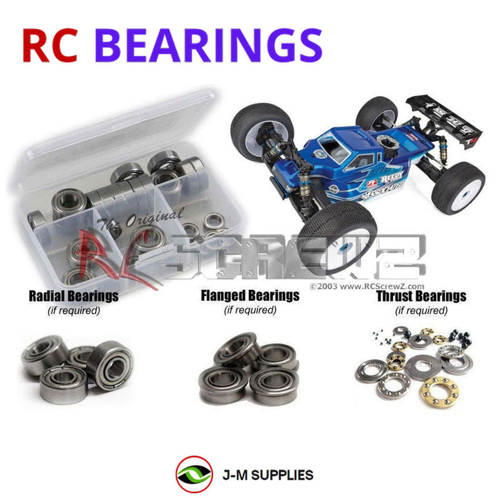 Representative image of an RCScrewZ metal-shielded bearing kit for Team Associated RC8T4 1/8 4WD Truggy (80947); exact bearing sizes and quantities vary by RC model.