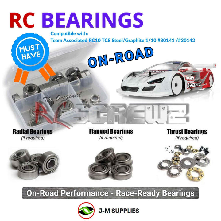 Representative image of an RCScrewZ metal-shielded bearing kit for Team Associated RC10TC8 1/10 4WD Touring Car (30141, 30142); exact bearing sizes and quantities vary by RC model.