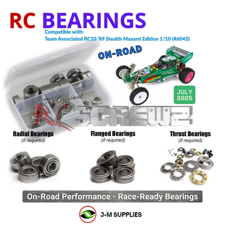 Representative image of an RCScrewZ metal-shielded bearing kit for Team Associated RC10 Masami 1/10 2WD Buggy (6043, ASC6043); exact bearing sizes and quantities vary by RC model.