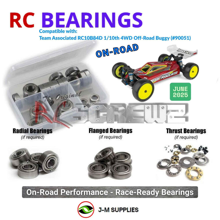 Representative image of an RCScrewZ metal-shielded bearing kit for Team Associated RC10B84D 1/10 4WD Buggy (90051, ASC90051); exact bearing sizes and quantities vary by RC model.