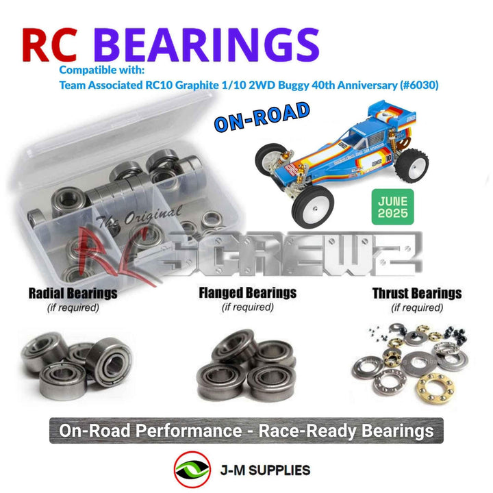 Representative image of an RCScrewZ metal-shielded bearing kit for Team Associated RC10 Graphite 1/10 2WD Buggy (6030, ASC6030); exact bearing sizes and quantities vary by RC model.