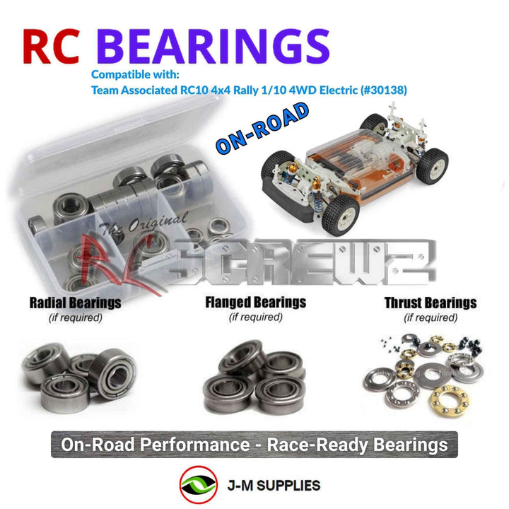 Representative image of an RCScrewZ metal-shielded bearing kit for Team Associated RC10 Rally 1/10 4WD Rally (30138, ASC30138); exact bearing sizes and quantities vary by RC model.