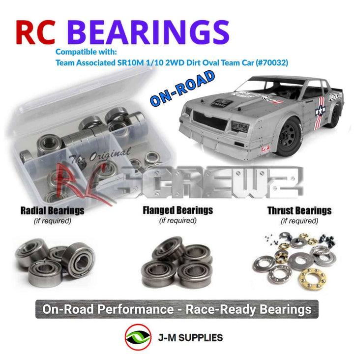 Representative image of an RCScrewZ metal-shielded bearing kit for Team Associated SR10M Oval 1/10 2WD Dirt Oval (70032, ASC70032); exact bearing sizes and quantities vary by RC model.