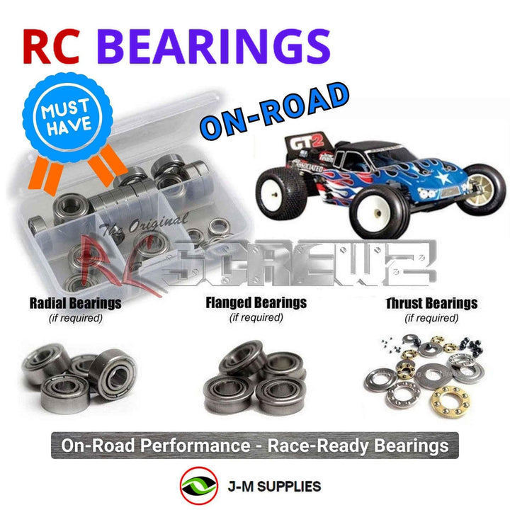 Representative image of an RCScrewZ metal-shielded bearing kit for Team Associated RC10GT2 GT2 1/10 Nitro Stadium Truck (7080, 7092); exact bearing sizes and quantities vary by RC model.