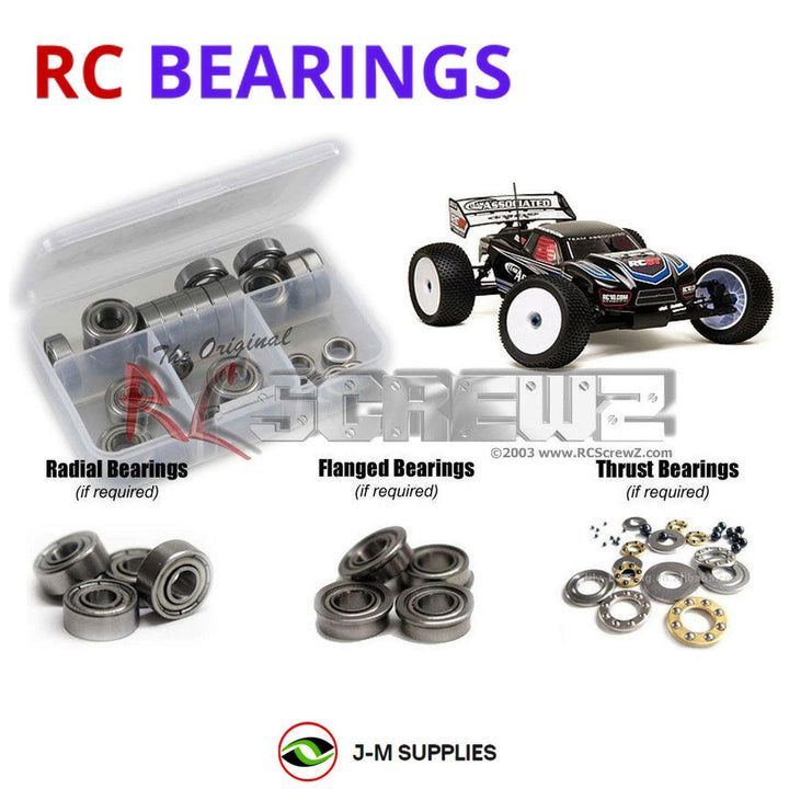 Representative image of an RCScrewZ metal-shielded bearing kit for Team Associated RC8T Factory 1/8 Nitro 4WD Truggy (80910, 80915); exact bearing sizes and quantities vary by RC model.
