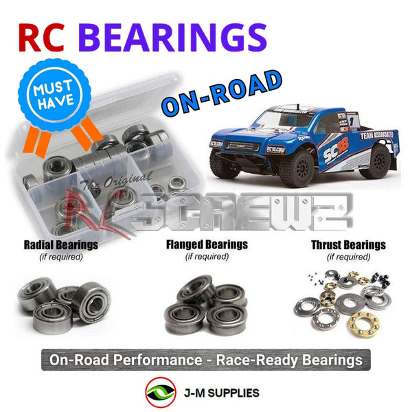Representative image of an RCScrewZ metal-shielded bearing kit for Team Associated SC18 RTR 1/18 Electric 4WD (20120, 20121); exact bearing sizes and quantities vary by RC model.