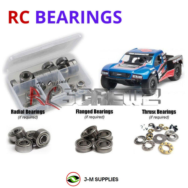 Representative image of an RCScrewZ metal-shielded bearing kit for Team Associated SC10GT RTR 1/10 Nitro 2WD SCT (7093); exact bearing sizes and quantities vary by RC model.