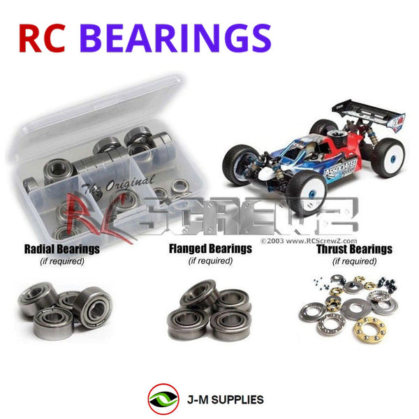 Representative image of an RCScrewZ metal-shielded bearing kit for Team Associated RC8B3 Team 1/8 Nitro 4WD Buggy (80914); exact bearing sizes and quantities vary by RC model.