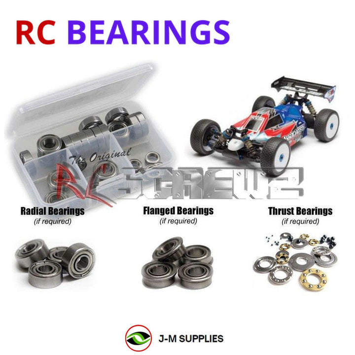 Representative image of an RCScrewZ metal-shielded bearing kit for Team Associated RC8B3e 1/8 4WD Buggy (80916); exact bearing sizes and quantities vary by RC model.
