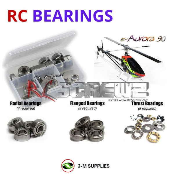 Representative image of an RCScrewZ metal-shielded bearing kit for Avant e-Aurora 90 Electric 90-Class RC Helicopter; exact bearing sizes and quantities vary by RC model.