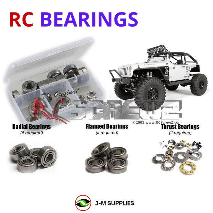 Representative image of an RCScrewZ metal-shielded bearing kit for Axial SCX10 Jeep Wrangler G6 1/10 4WD Crawler (90034); exact bearing sizes and quantities vary by RC model.
