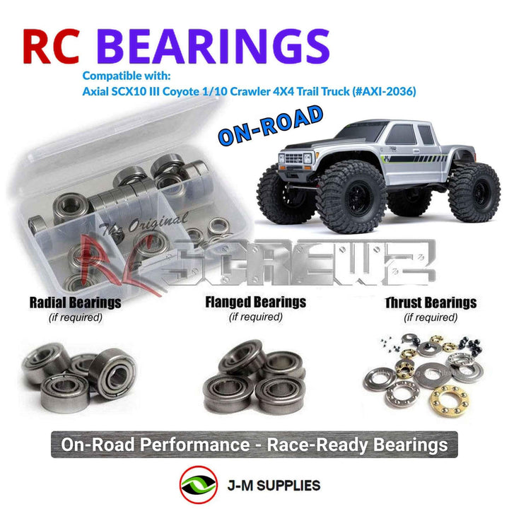 Representative image of an RCScrewZ metal-shielded bearing kit for Axial SCX10 III Coyote 1/10 Electric 4X4 Crawler (AXI-2036); exact bearing sizes and quantities vary by RC model.