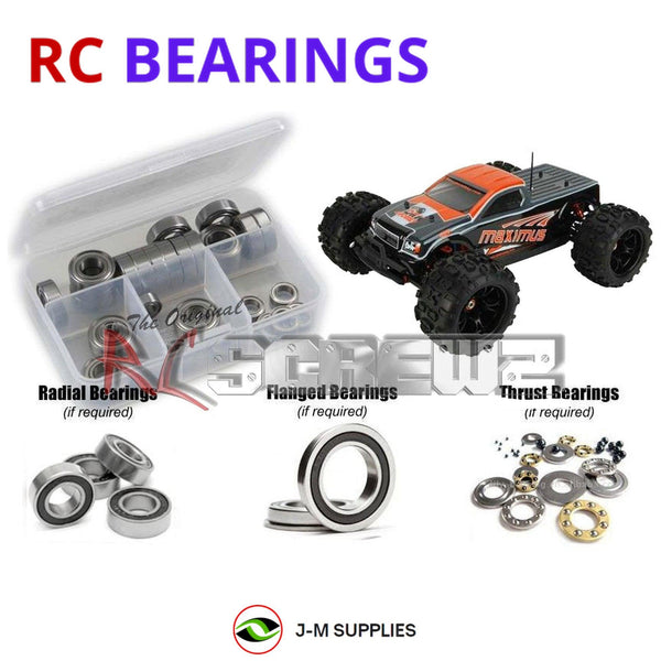 Representative image of an RCScrewZ metal-shielded bearing kit for DHK Hobby Maximus GP Nitro 1/8th Truggy; exact bearing sizes and quantities vary by RC model.