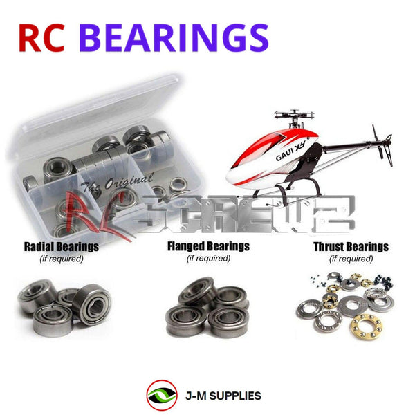 Representative image of an RCScrewZ metal-shielded bearing kit for Gaui X4 Helicopter; exact bearing sizes and quantities vary by RC model.