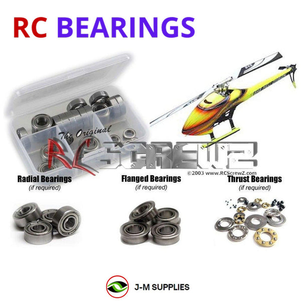 Representative image of an RCScrewZ metal-shielded bearing kit for Goblin 630/Comp Helicopter; exact bearing sizes and quantities vary by RC model.