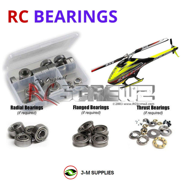 Representative image of an RCScrewZ metal-shielded bearing kit for Goblin 420/Sport Helicopter; exact bearing sizes and quantities vary by RC model.