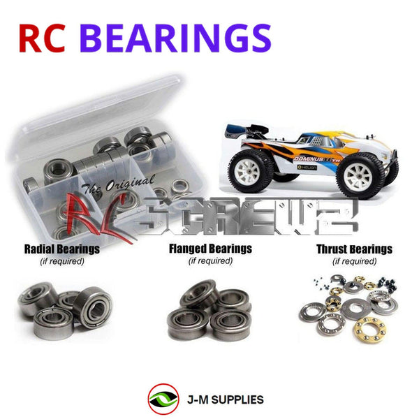 Representative image of an RCScrewZ metal-shielded bearing kit for Helion RC Dominus 10TR 4x4 1/10 Brushless Truggy; exact bearing sizes and quantities vary by RC model.