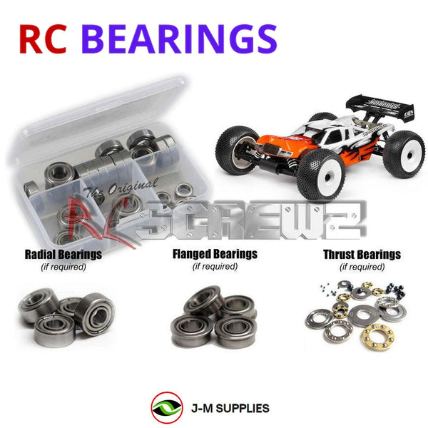 Representative image of an RCScrewZ metal-shielded bearing kit for Hot Bodies D8-T 1/8 Truggy; exact bearing sizes and quantities vary by RC model.