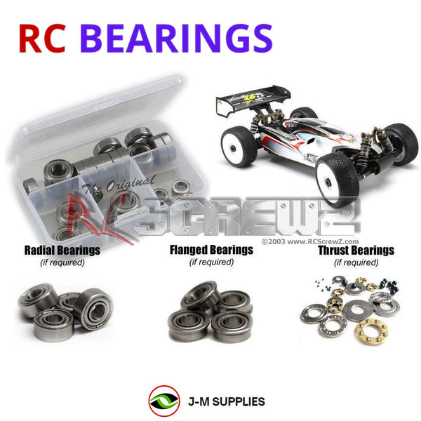 Representative image of an RCScrewZ metal-shielded bearing kit for HotBodies Ve8 Buggy; exact bearing sizes and quantities vary by RC model.
