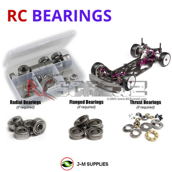 Representative image of an RCScrewZ metal-shielded bearing kit for HotBodies TCX Sedan; exact bearing sizes and quantities vary by RC model.