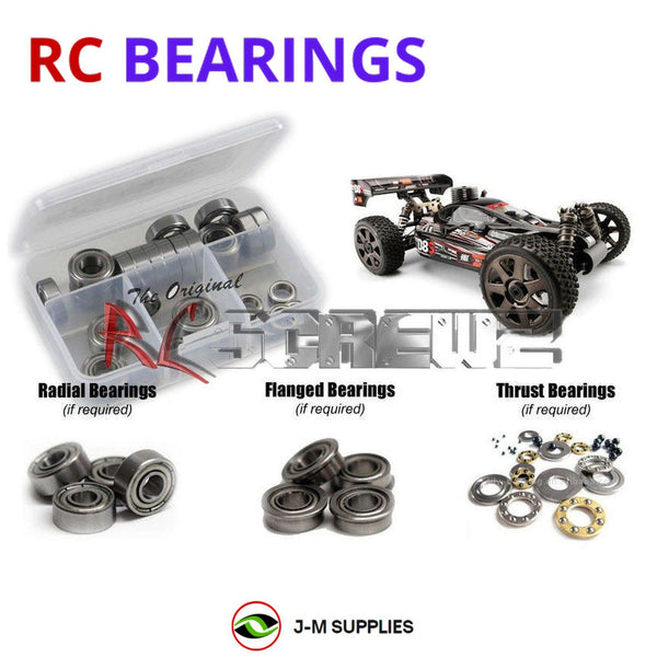 Representative image of an RCScrewZ metal-shielded bearing kit for Hot Bodies D8s RTR 1/8 Nitro Buggy; exact bearing sizes and quantities vary by RC model.