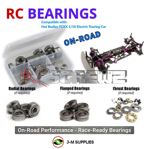 Representative image of an RCScrewZ metal-shielded bearing kit for Hot Bodies TCXX 1/10 Electric Touring Car (HBS68299); exact bearing sizes and quantities vary by RC model.