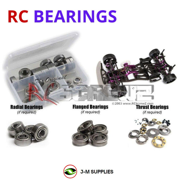 Representative image of an RCScrewZ metal-shielded bearing kit for Hot Bodies TC-FD 1/10th Onroad; exact bearing sizes and quantities vary by RC model.