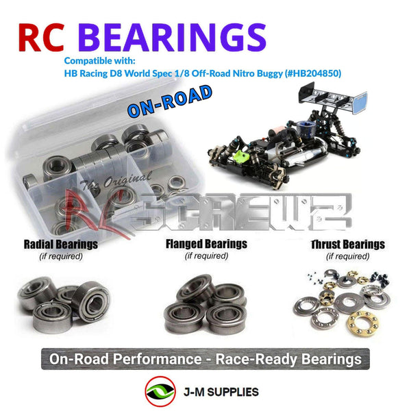 Representative image of an RCScrewZ metal-shielded bearing kit for HB Racing D8 World Spec 1/8 Off-Road Nitro Buggy (#HB204850); exact bearing sizes and quantities vary by RC model.