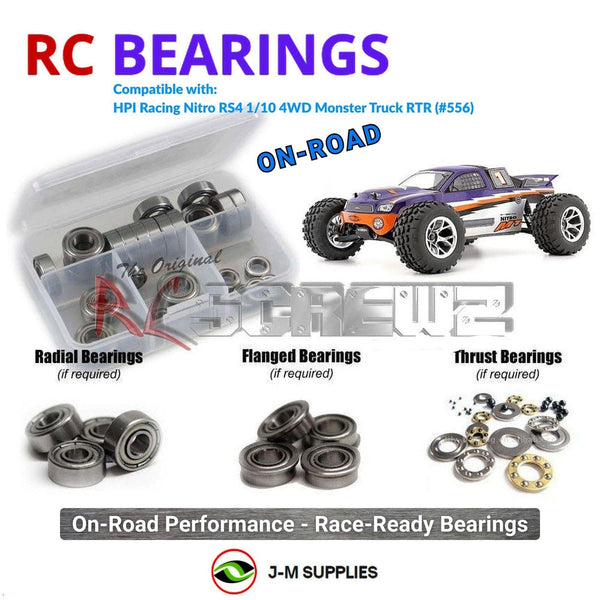 Representative image of an RCScrewZ metal-shielded bearing kit for HPI Racing Nitro RS4 MT 1/10 Nitro 4WD Monster (552, 553); exact bearing sizes and quantities vary by RC model.